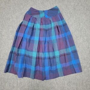 Vintage ILGWU Plaid Skirt Womens 9 Blue Purple Teal Wool Pleated A-Line Made USA